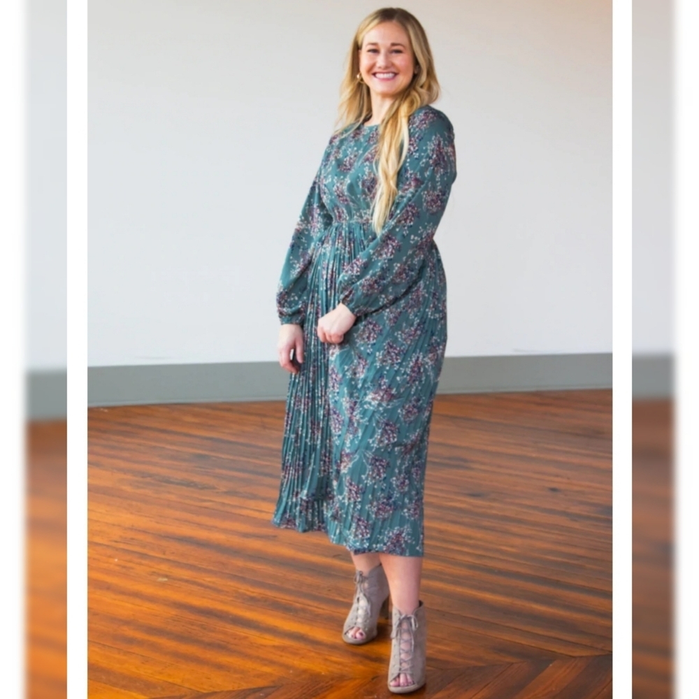 Jade Floral Pleated Skirt Midi Dress